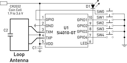 A simplified remote control schematic using the Si4010 Figure 6: A Simplified Remote Control Schematic Using the Si4010.